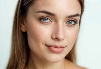 Naklejka premium Closeup portrait reveals woman's face natural beauty light eyes.
