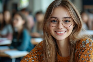 Fototapeta premium Happy female student having an exam at college classroom and looking at camera. Generative AI
