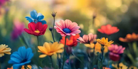 Fototapeta premium Vibrant colorful flowers blooming in the garden create an enchanting atmosphere, showcasing the beauty of nature with these stunning colorful flowers enhancing the garden s charm.