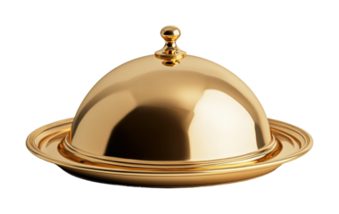 Elegant gold restaurant cloche tray on high fidelity food presentation studio environment premium concept isolated on transparent background png