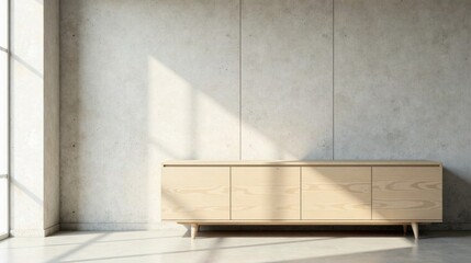 Fototapeta premium Light-colored wood sideboard against a textured wall in a sunlit room