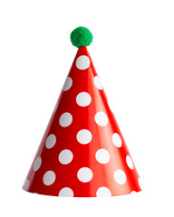 Classic red party hat with white polka dots and green pompom standing. Isolated cutout on a transparent background.