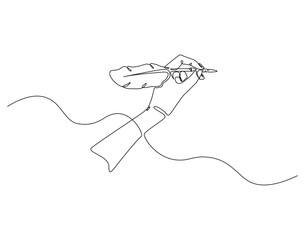 Obraz premium Continuous line drawing of hand holding feather pen. Single line illustration of quill pen. Writting, education concept. Editable outline