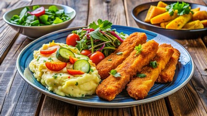 Crispy fried fish sticks with creamy potato puree and fresh vegetable salad on a wooden table.