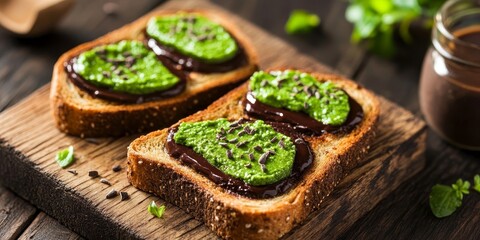Sliced wheat toast with matcha chocolate filling, featuring a delightful blend of flavors, beautifully presented against a rustic wooden backdrop for an appealing food composition.