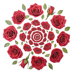 A vibrant arrangement of red roses in a symmetrical spiral pattern, showcasing their intricate petals and lush green leaves.
