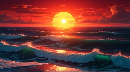 Fiery Sunset Ocean: Dramatic Waves and a Burning Sun