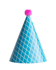 Classic aqua blue party hat with white checkered lines and pink pompom standing. Isolated cutout on a transparent background.