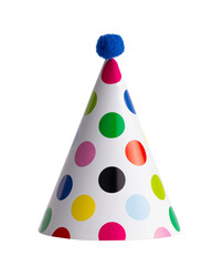 Classic white party hat with multi coloured polka dots and blue pompom standing. Isolated cutout on...