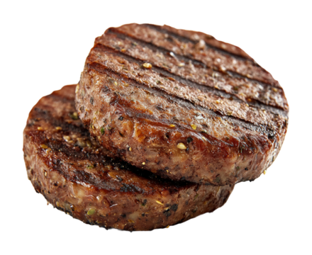 Grilled hamburger and raw patty preparation kitchen food clean background close-up culinary isolated on transparent background png - Powered by Adobe