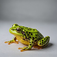 "A fluorescent green frog with glowing yellow spots on a white background."