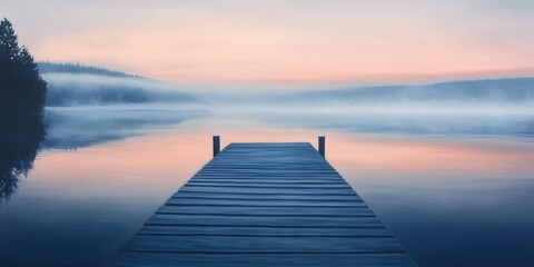 Obraz premium A tranquil morning scene showcases a wooden dock, highlighting the stunning beauty of daybreak alongside the peaceful waters.