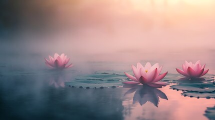Pink Lotus Flowers Bloom in Misty Dawn Water