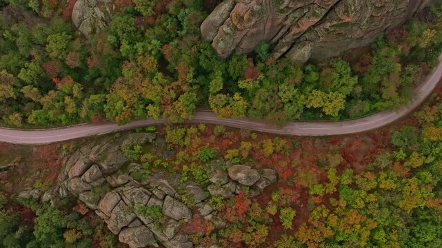 Aerial view of winding road through colorful autumn forest and rocky cliffs, Belogradchik, Bulgaria.