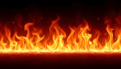 Translucent fire flames and sparks with horizontal repetition on a transparent background. Fire flame, burning fire on a dark area, fire background, fire frame, fire flames background