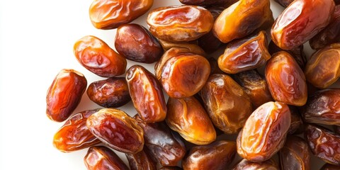 Obraz premium Close up image of dates isolated on a white background, showcasing the rich texture and color of the dates. The dates highlight their natural appeal and healthy attributes prominently.