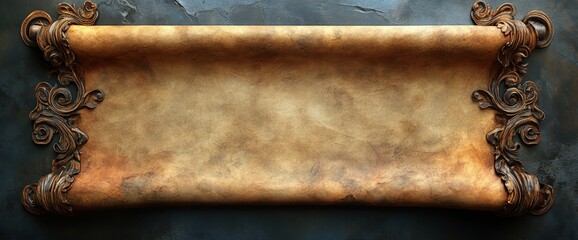Antique scroll with ornate metal ends on dark background.