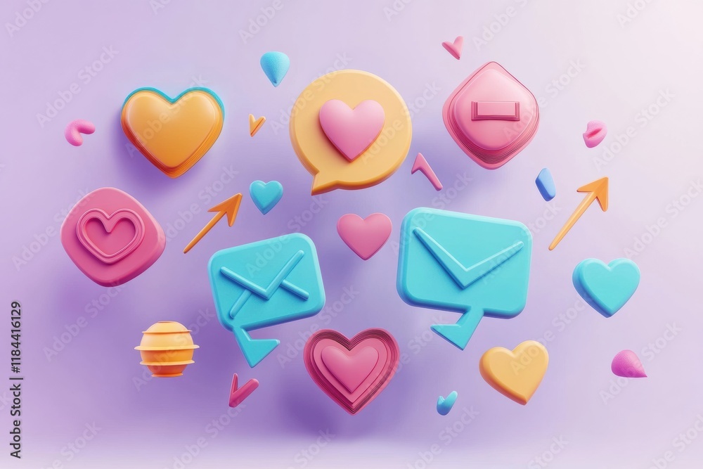 Leinwandbilder Colorful floating 3D chat bubbles hearts and arrows create a lively digital communication atmosphere. Generative AI