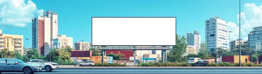 Obraz premium Blank white advertisement board in flat style, large and clean, placed on the side of a modern building in a busy city, vibrant urban environment, highquality illustration