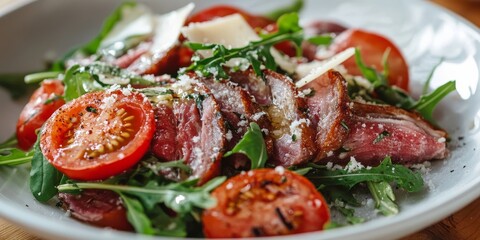 Delicious salad featuring dried duck breast, known as Magret, complemented by fresh tomatoes, arugula, and parmesan. This appetizing salad showcases the rich flavors of Magret in each bite.