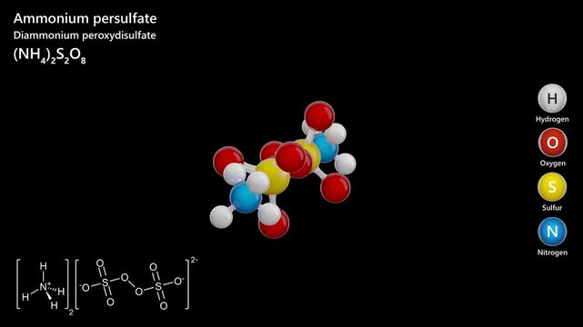 Ammonium Persulfate. E923 food additive. Animated 3D model of a molecule. Molecular formula: (NH4)2S2O8. Chemical model: Ball and sticks. Black background. 3D rendering. Seamless loop.