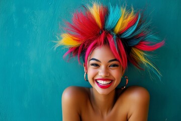 Short hairdo - multicolored hair. Commercial advertising idea. Stunning happy mixed-race girl - for...