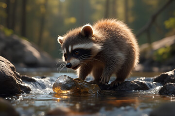 Fototapeta premium Inquisitive Young Raccoon Investigating Stream in Tranquil Forest Setting