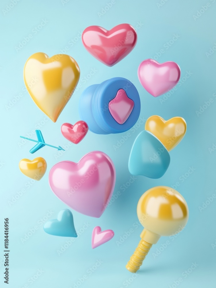 Poster floating 3d chat bubbles hearts and arrows create a fun digital communication theme for social media