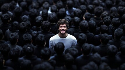 A joyful man stands apart from a bustling crowd.