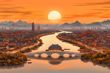 Obraz premium Sunset Cityscape Illustration