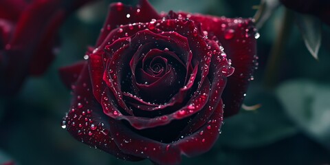 Close up of a dark red rose adorned with glistening water droplets, showcasing the intricate details and vibrant hues of the dark red rose, perfect for floral themed imagery.