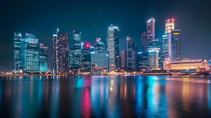 Illuminated cityscape at night reflects on the water. Features tall buildings, bright lights, and a vibrant urban scene. Captures the essence of modern metropolis.

