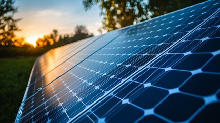 Solar panel panorama showcasing photovoltaic technology with reflections. The solar panel serves as an alternative electricity source, highlighting power from nature and the sun as a heat system © ShStock
