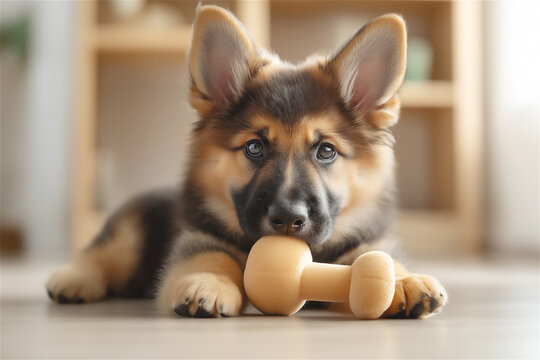 Playful German Shepherd puppy lying down with a dumbbell-shaped toy, showing an energetic and curious demeanor in a brightly lit home.