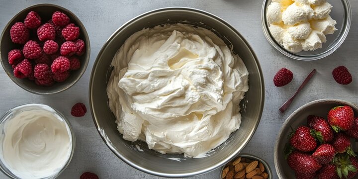 Ingredients for a whipped cream topped dessert arranged in a metal mixing bowl, showcasing the essential elements needed to create a delightful whipped cream experience.