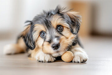 Small mixed-breed puppy resting on the floor with a wooden ball toy, looking thoughtful in a peaceful and modern home interior.