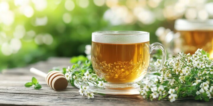 Aromatic herbal tea made from Capsella bursa pastoris, known as shepherd s purse, combined with honey, traditional medicine remedy. Fresh shepherd s purse on a wooden table enhances the experience.