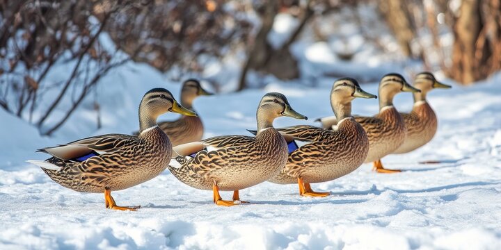 Wild ducks foraging on snow during winter, showcasing Anas platyrhynchos in their natural habitat. Experience the charm of wild ducks as they navigate through snowy landscapes.