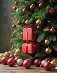 A small red gift perched on a lush green fir tree amidst an array of colorful balls and ornaments, gift, holiday decor