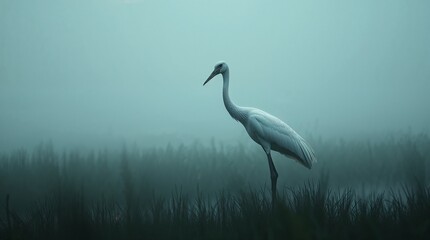 Obraz premium An eerie, soft cinematic image of a whooping crane in wetlands, grasslands, and marshes, rendered with a hazy, soft focus background, dark tones, and unsettling details, creating a creepy atmosphere.