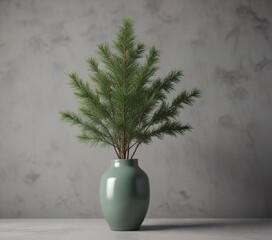 Evergreen tree with dark green branches and long needles in a vase , indoor decoration, home decor