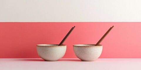 Ceramic bowls paired with chopsticks create an elegant display against a white and pink background, showcasing the beauty and functionality of ceramic bowls in a vibrant setting.