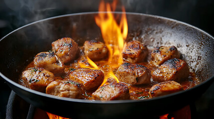 Sizzling Meat Chunks in Skillet
