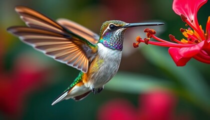 Fototapeta premium Vibrant Hummingbird Feeding: A Jewel-toned Masterpiece