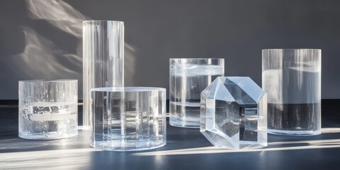 Clear large cylinder as a geometric solid, showcasing its transparency and unique shape, emphasizing the distinct features of this geometric solid in various contexts and lighting.