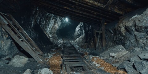 Obraz premium Abandoned underground mine showcases the remnants of old lead mining activities. This forgotten mining site reveals the history of an old abandoned lead mine and its significance in mining heritage.