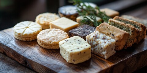 An assortment of artisanal Scottish shortbread cookies and rice pudding cookies is beautifully displayed on a wooden board, drawing attention as the main highlight.