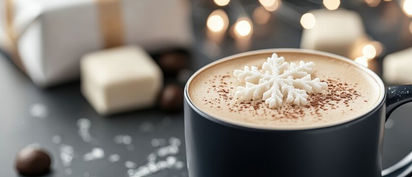 A cup of coffee with a snowflake on top