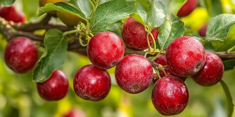Close up of vibrant red jujube showcasing its tasty appearance, with the tree providing a beautiful backdrop, highlighting the delicious qualities of the red jujube.