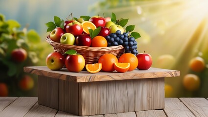 Vibrant Fruit Basket on Rustic Wooden Table in Sunlit Garden
